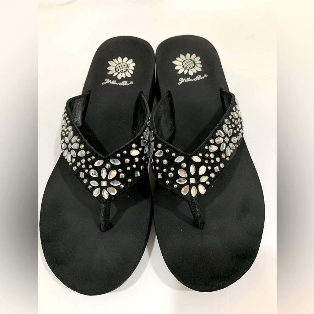 Yellow box, flip-flops, black w/ silver rhinestone & studs with flower pattern